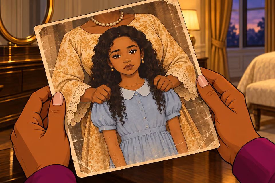 Agnes’s fingers are clenched on the child’s shoulders in the photograph.