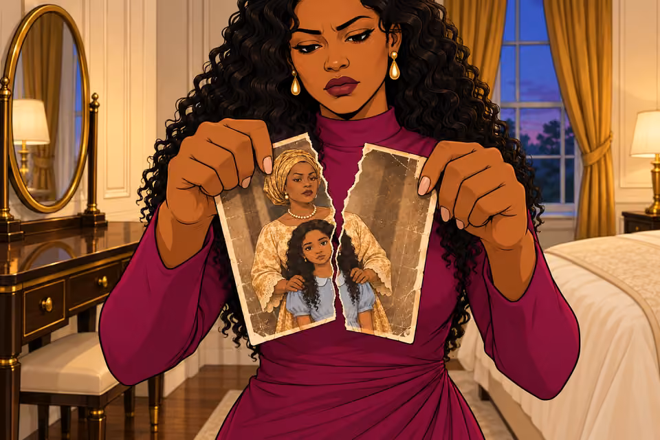 Amaka tears the photograph in half.