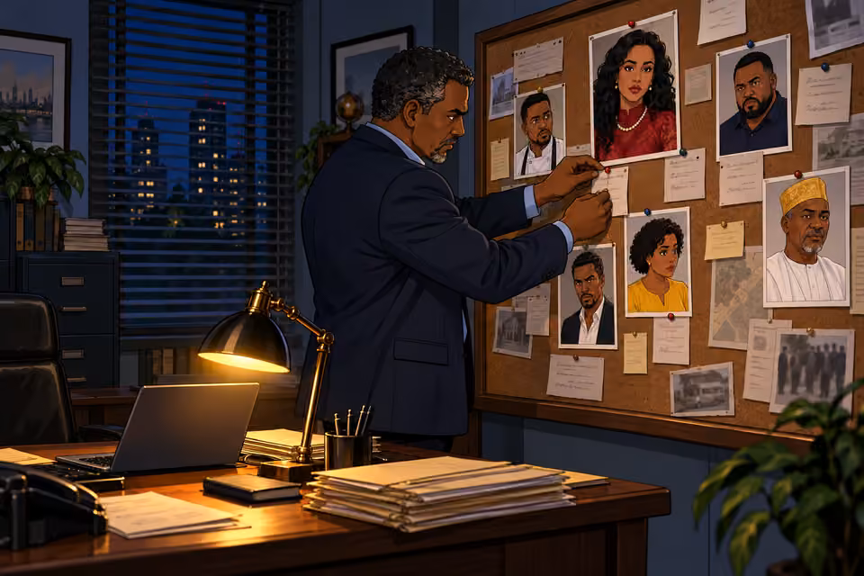 That night, Musa arranges the evidence on his board.