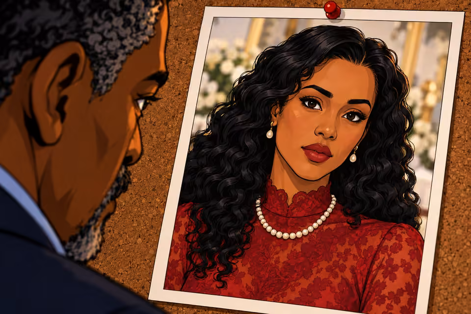 Musa studies the photograph of Amaka in red.