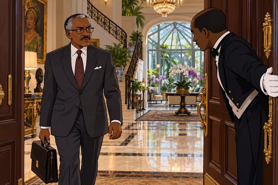 Mr Akinwale arrives at the mansion carrying a briefcase as the butler greets him.