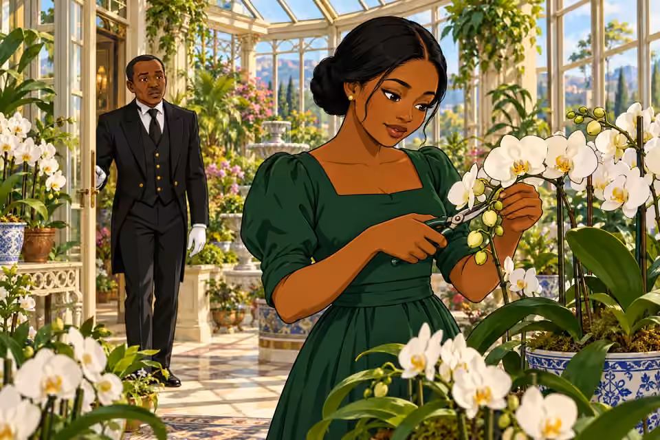 Amaka prunes orchids while the butler announces a visitor.