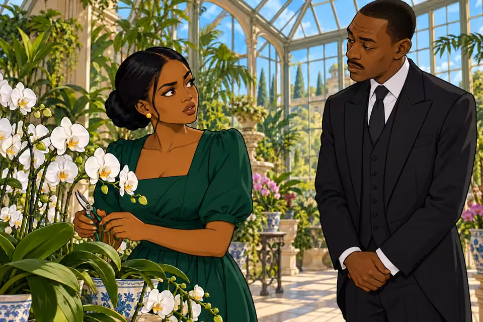 Amaka pauses her orchid pruning to ask the butler about files.
