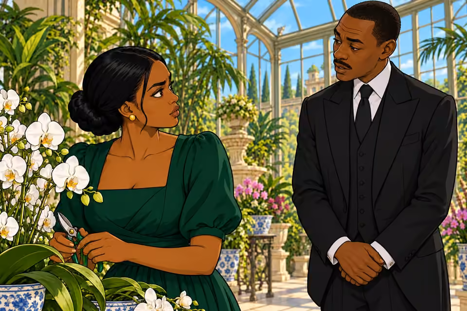 The butler answers Amaka beside the conservatory orchids.