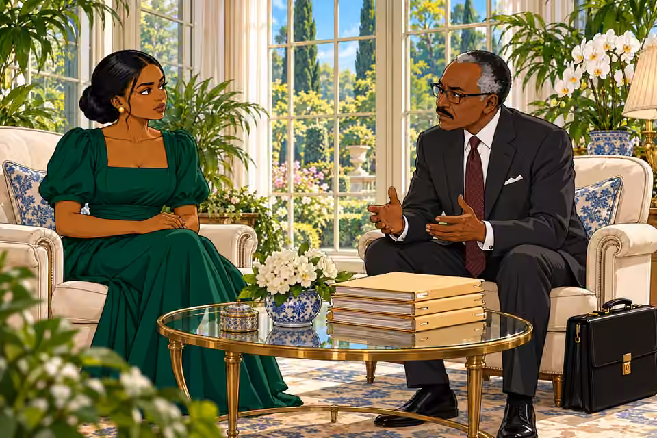 Amaka and Mr Akinwale meet in the sunroom.