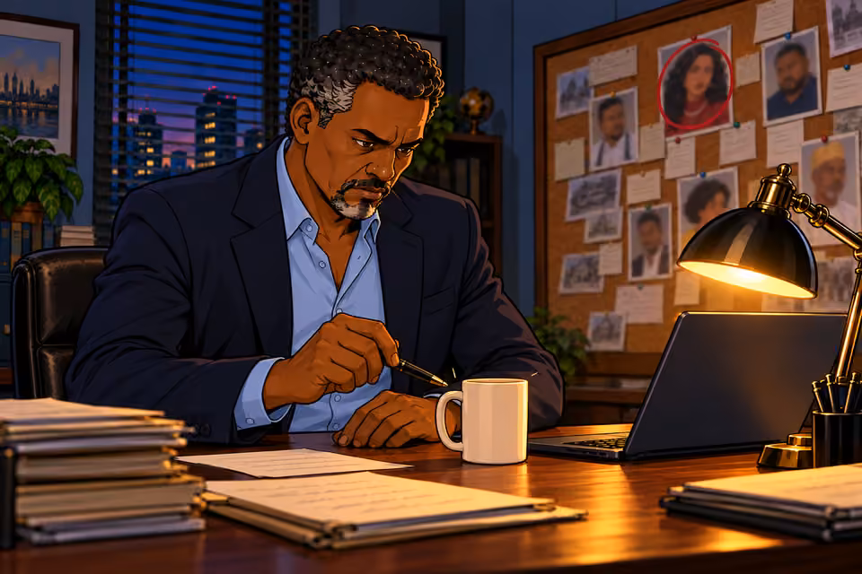 Musa taps his mug with his pen.