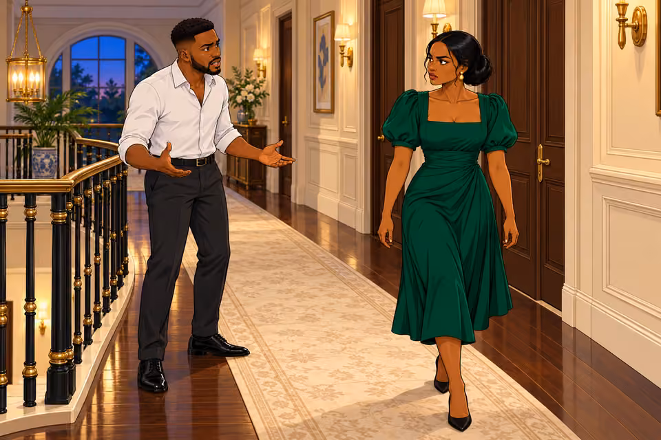 Chuka confronts Amaka in the upstairs hallway.