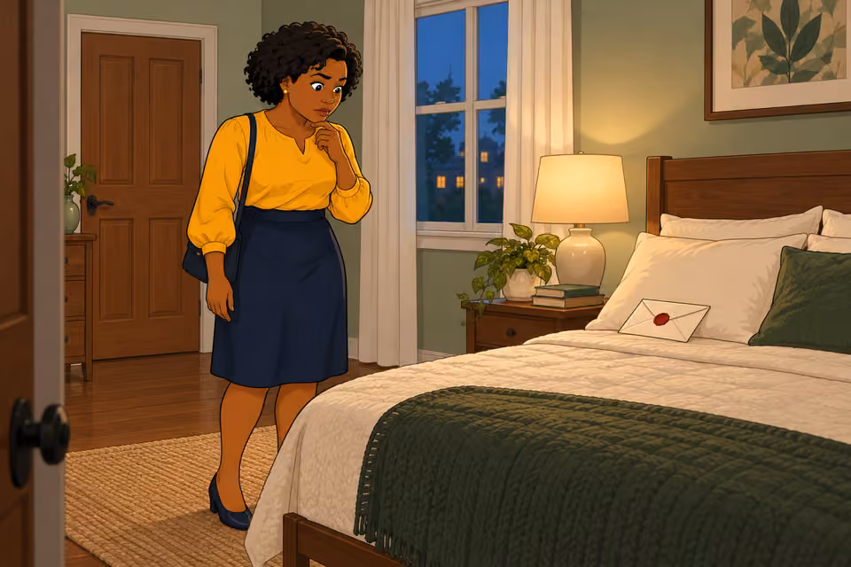 Uju discovers an envelope on her pillow.