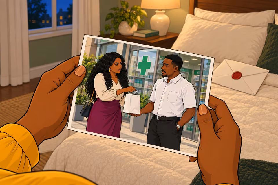 The photograph shows Amaka giving Moses a white bag outside a drugstore.
