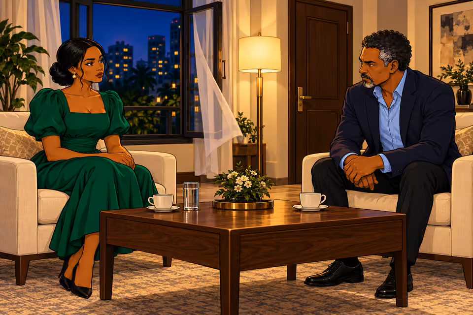 Amaka and Musa sit opposite each other with coffee between them.