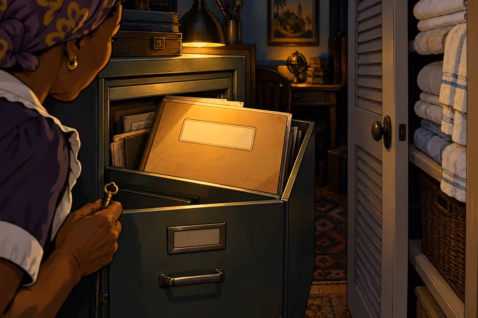 Mama Tutu discovers a hidden manila file in a cabinet behind the linen closet.
