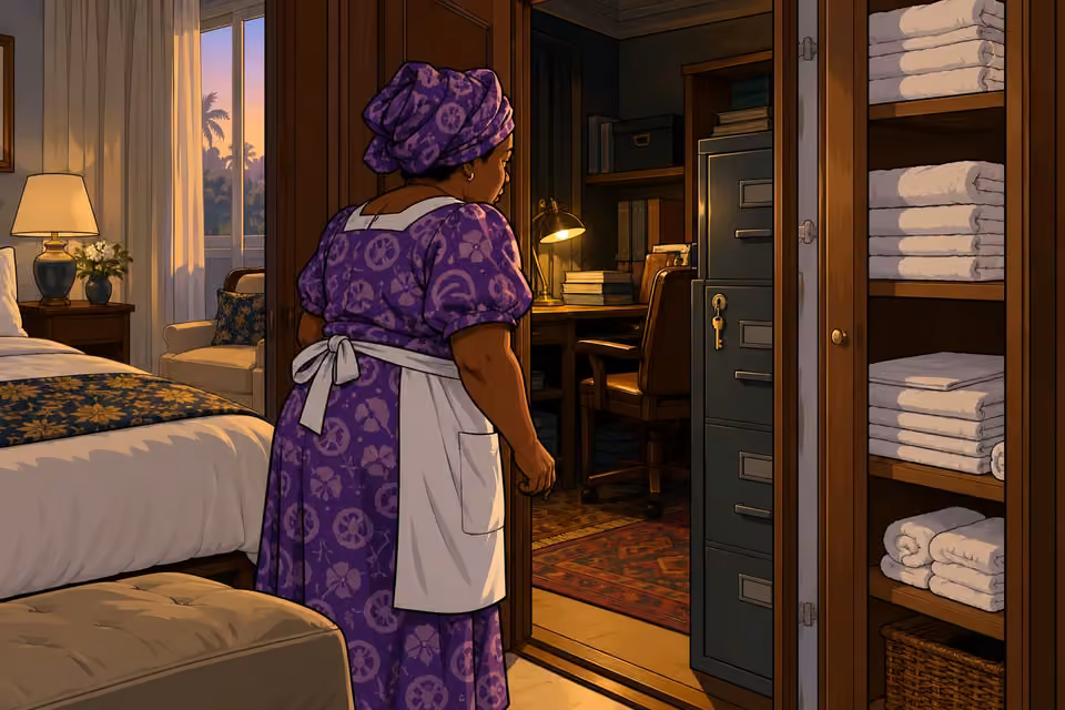 Mama Tutu hesitates at the locked cabinet in a concealed office behind a linen closet.