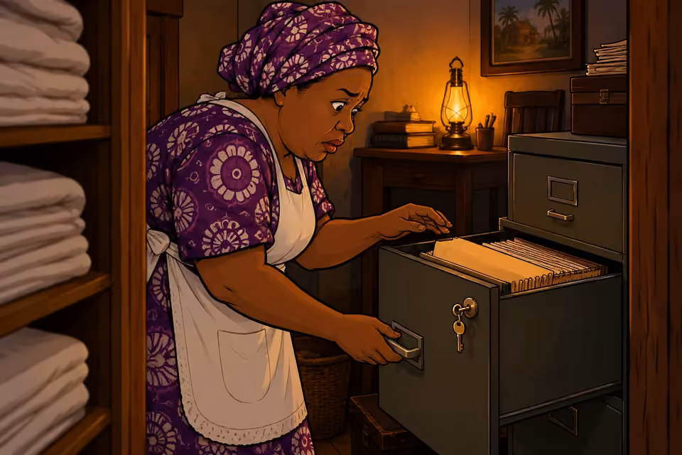 Mama Tutu finally opens the locked filing cabinet.