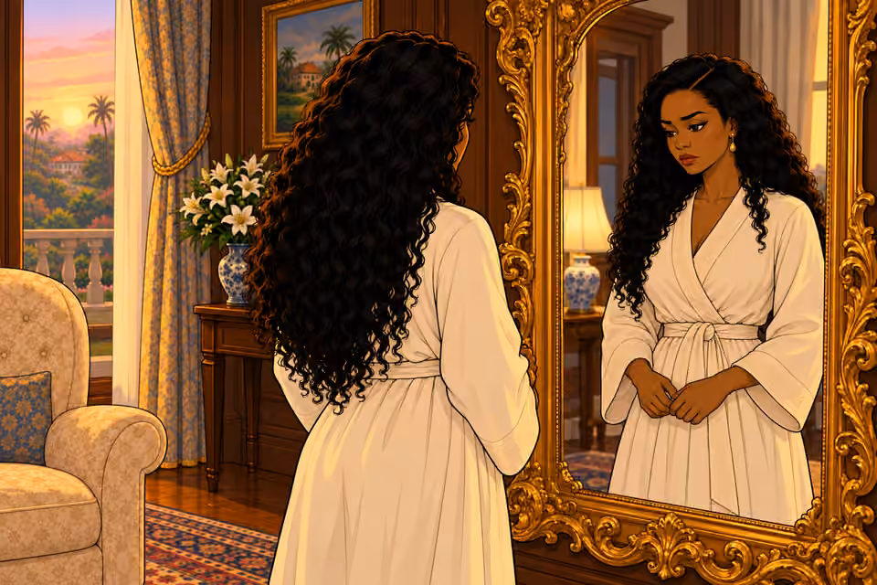 Amaka studies herself in the grand gilded mirror.