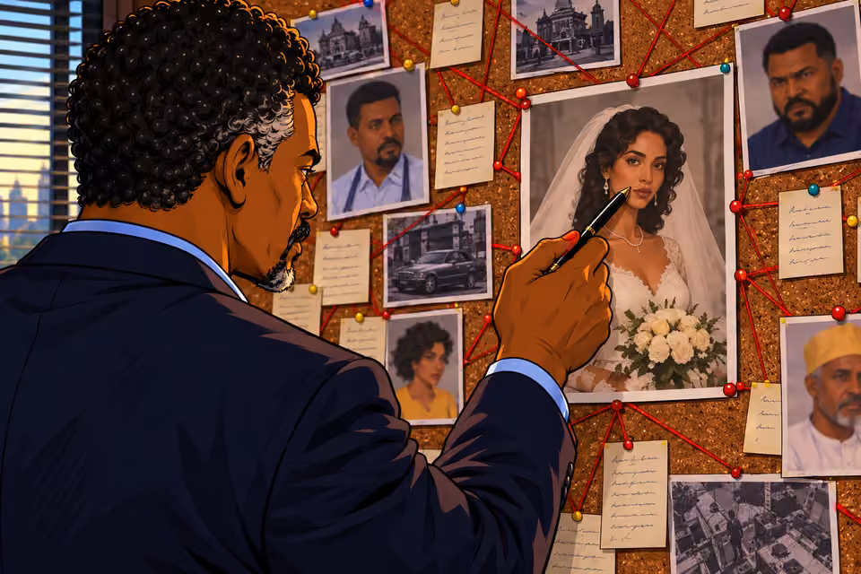 Musa taps his pen against the wedding portrait.