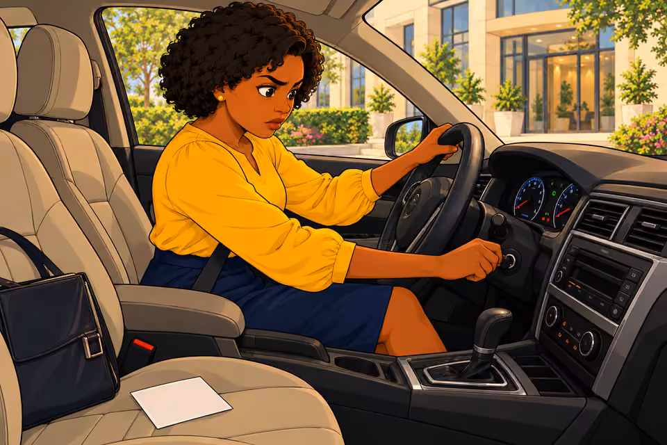 Uju starts the car.