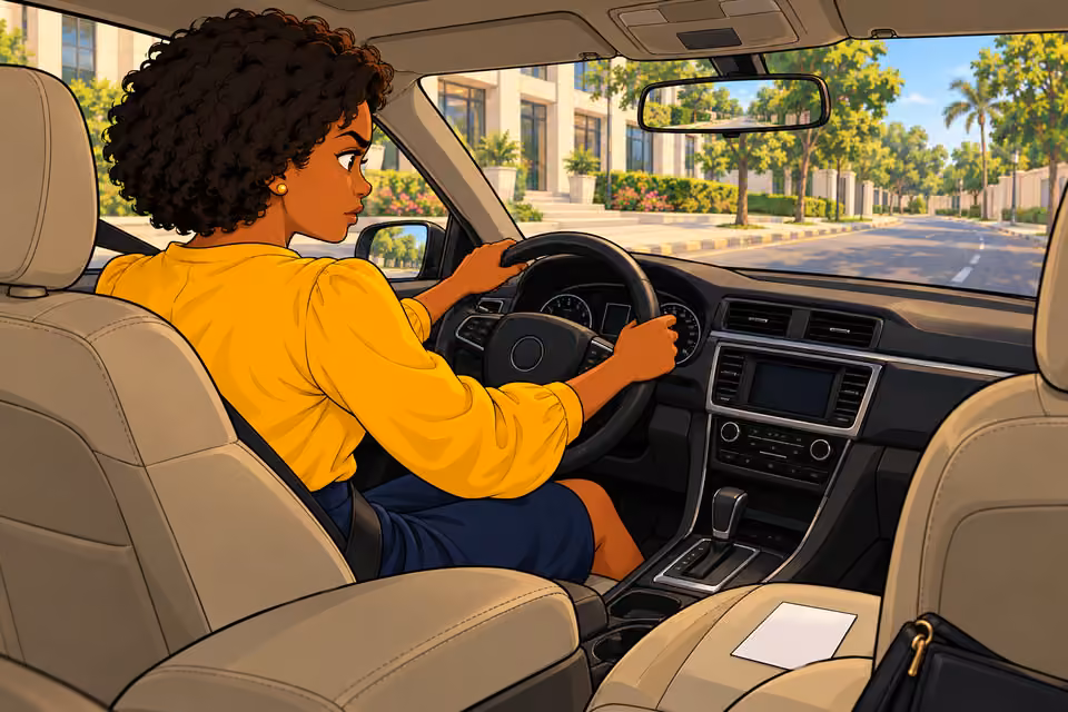 Uju drives toward the estate.