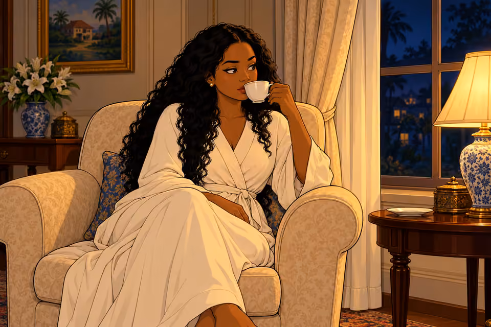 Amaka calmly watches the night over a cup of tea.