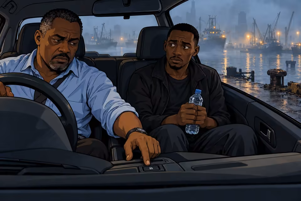 Musa locks the car beside the foggy harbor while Moses clutches a water bottle in the passenger seat.