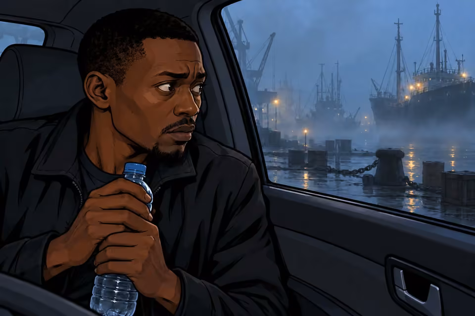 Moses watches the foggy harbor from the passenger seat, gripping his water bottle.