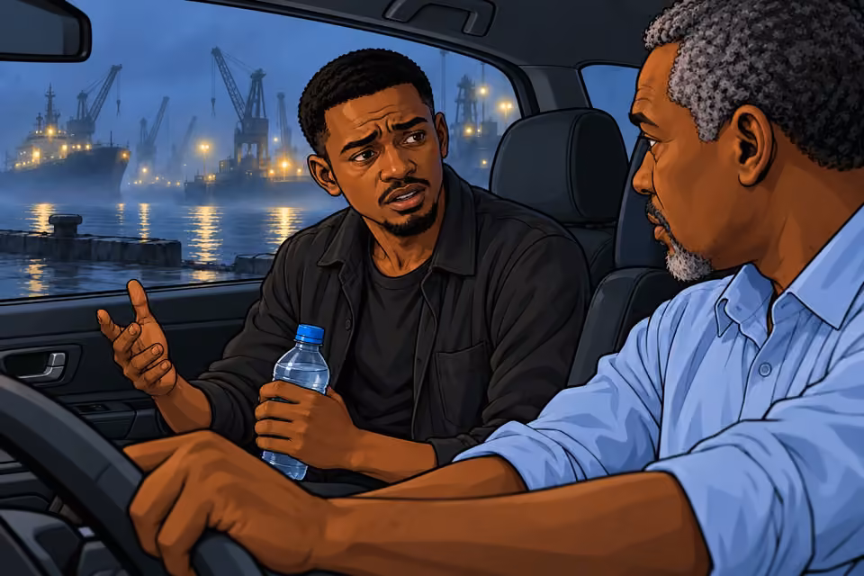Moses recounts his hiring while Musa listens in the parked car.