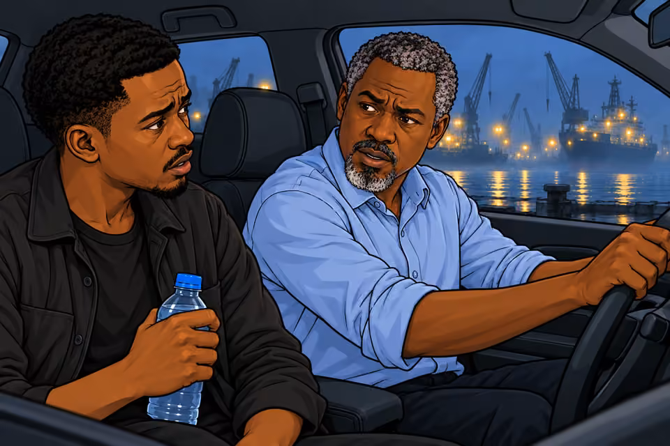 Cartoon illustration: Musa quietly prompts the anxious passenger to continue.