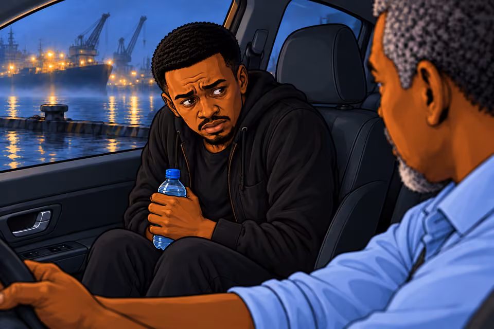 Cartoon illustration: The passenger fears retaliation for speaking to Musa.