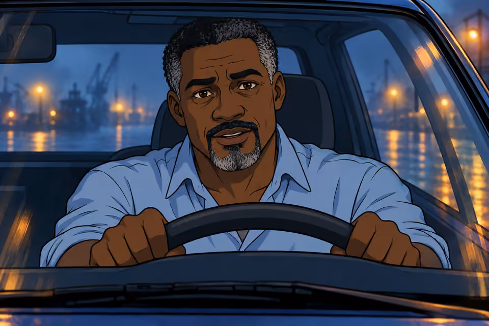 Cartoon illustration: Musa tries to reassure the frightened passenger.
