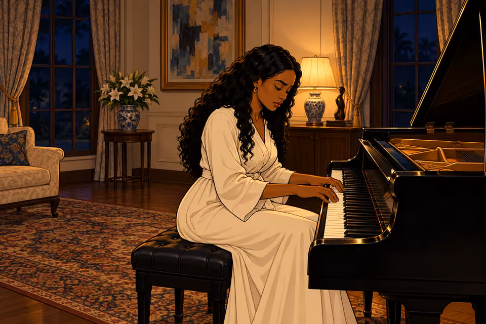 Cartoon illustration: Amaka plays her mother's grand piano alone.