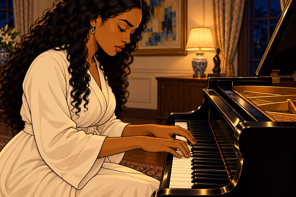 Cartoon illustration: Amaka repeats three notes and pauses.