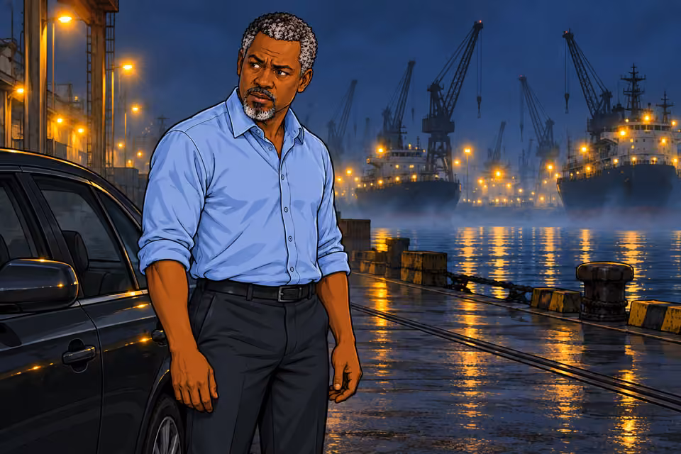 Cartoon illustration: Musa remains safely on the harbor quayside.