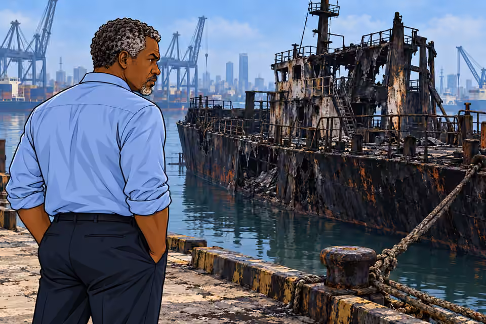 Cartoon illustration: Musa examines the burnt cargo boat the next morning.
