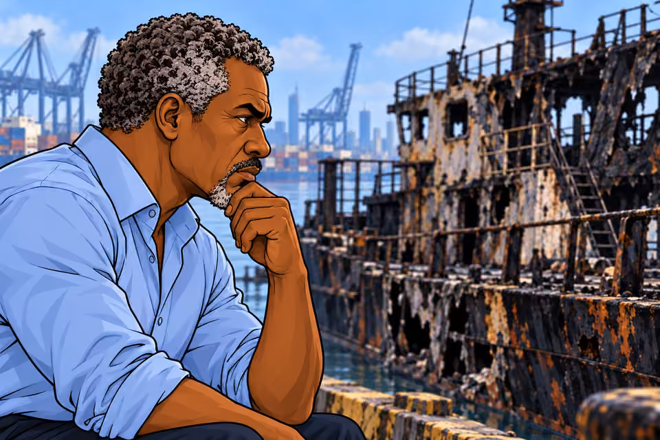 Cartoon illustration: Musa recognizes the boat fire as a warning.
