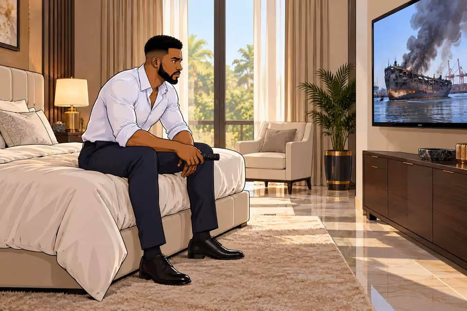 Cartoon illustration: Chuka watches the morning report about the cargo-boat fire.