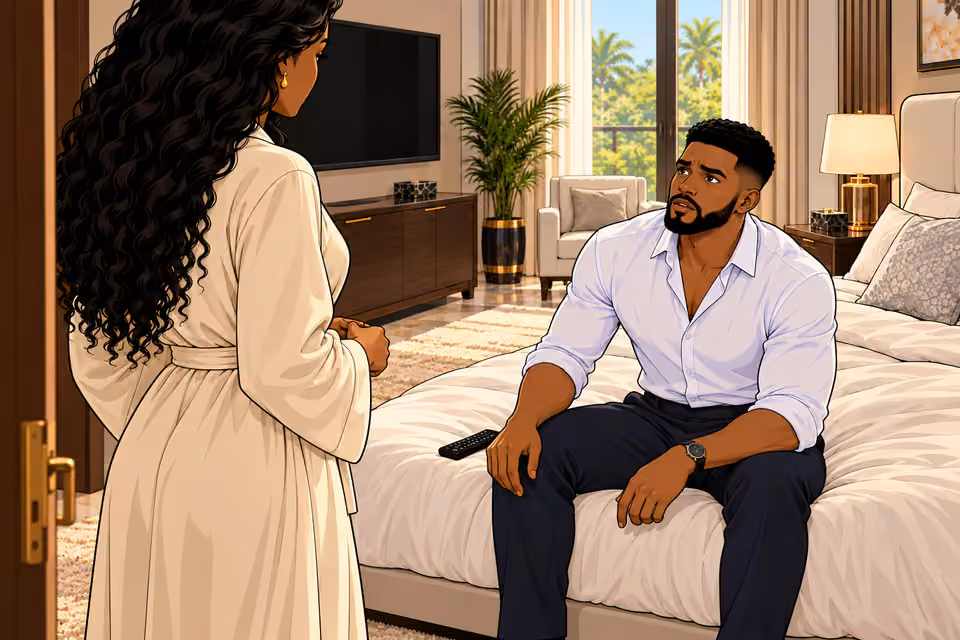 Cartoon illustration: Chuka cautiously asks whether Amaka is all right.