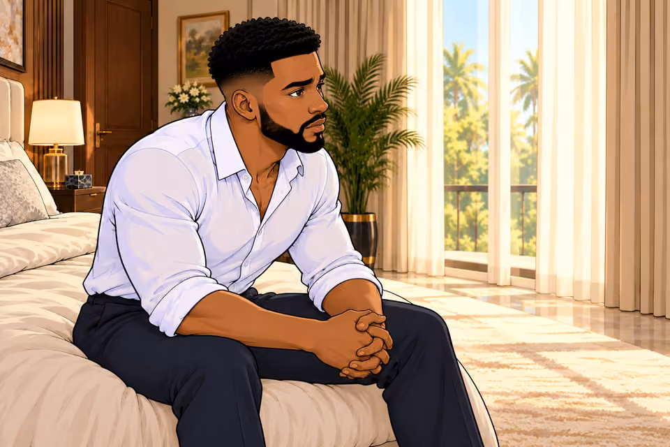 Cartoon illustration: Chuka brings up the subject of Amaka's mother.