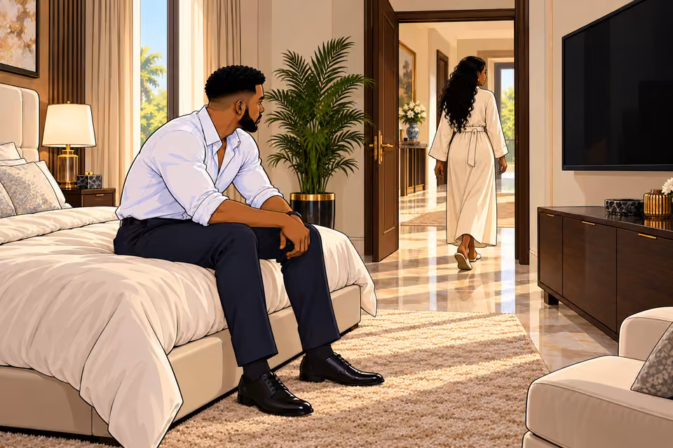 Cartoon illustration: Amaka walks out of the bedroom.