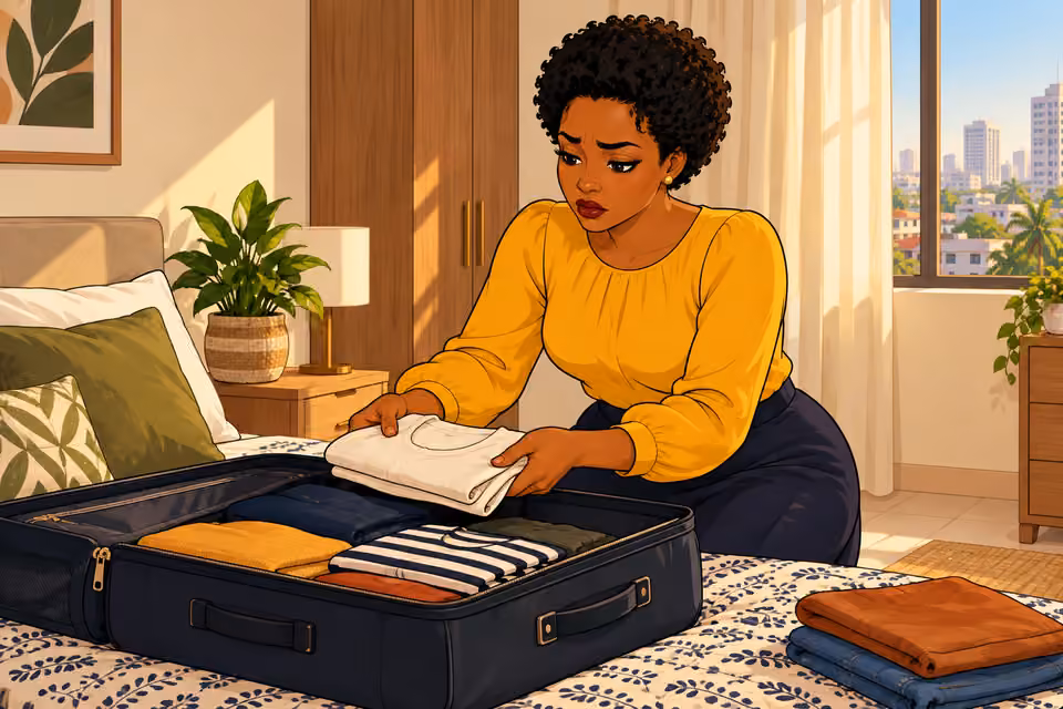 Cartoon illustration: Uju packs her belongings to leave Lagos.