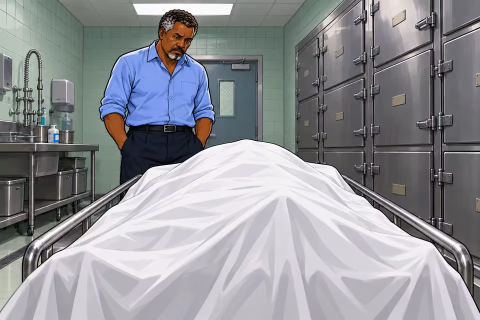 An unidentified man lies beneath a sheet in the morgue.
