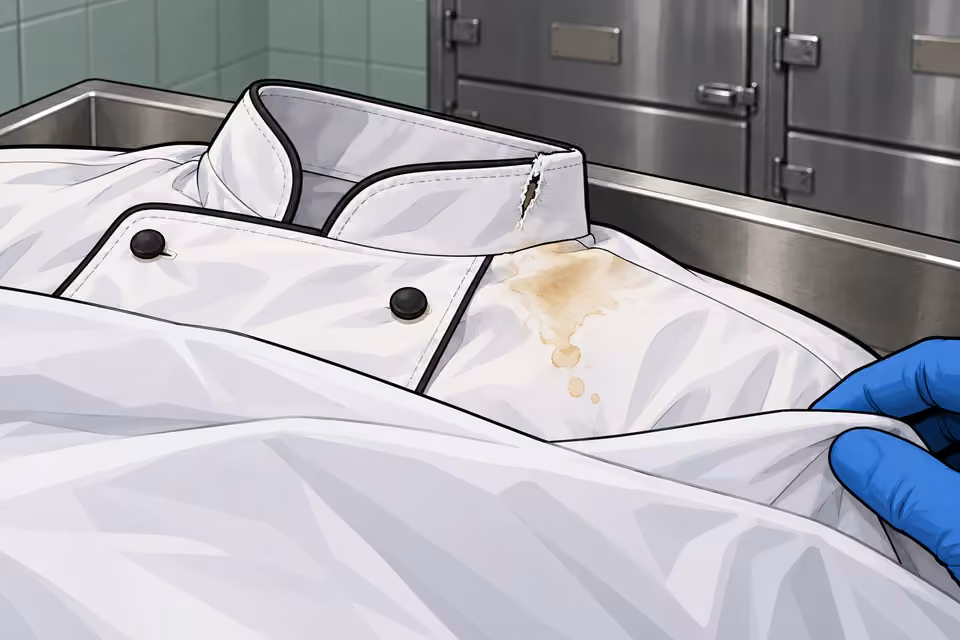 The chef whites have a torn collar and an old champagne stain.