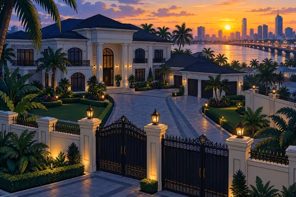The Emecheta mansion lies quiet behind its gates while dawn breaks over Lagos.