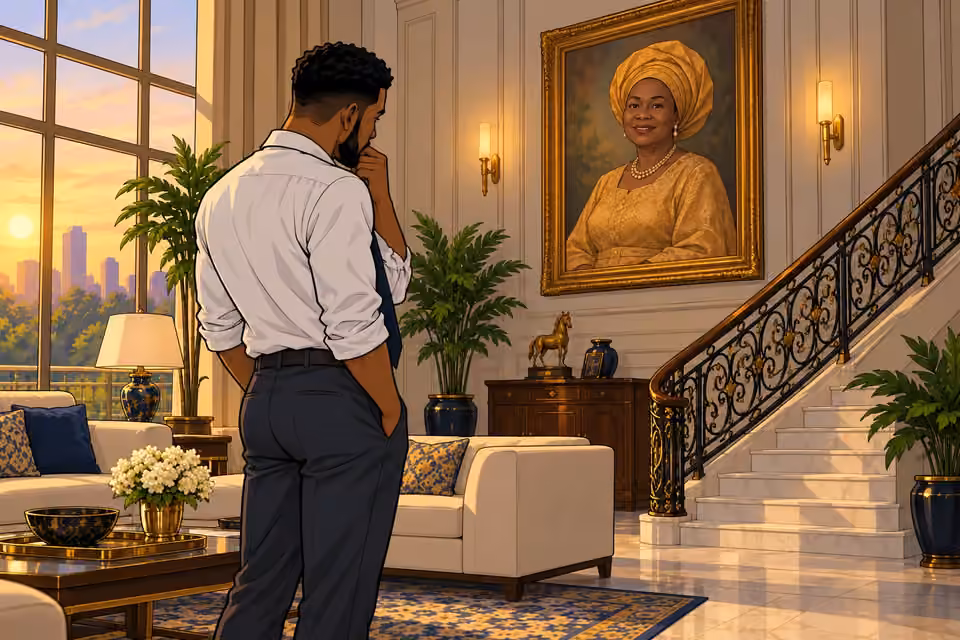Chuka studies Agnes’s portrait beside the staircase.