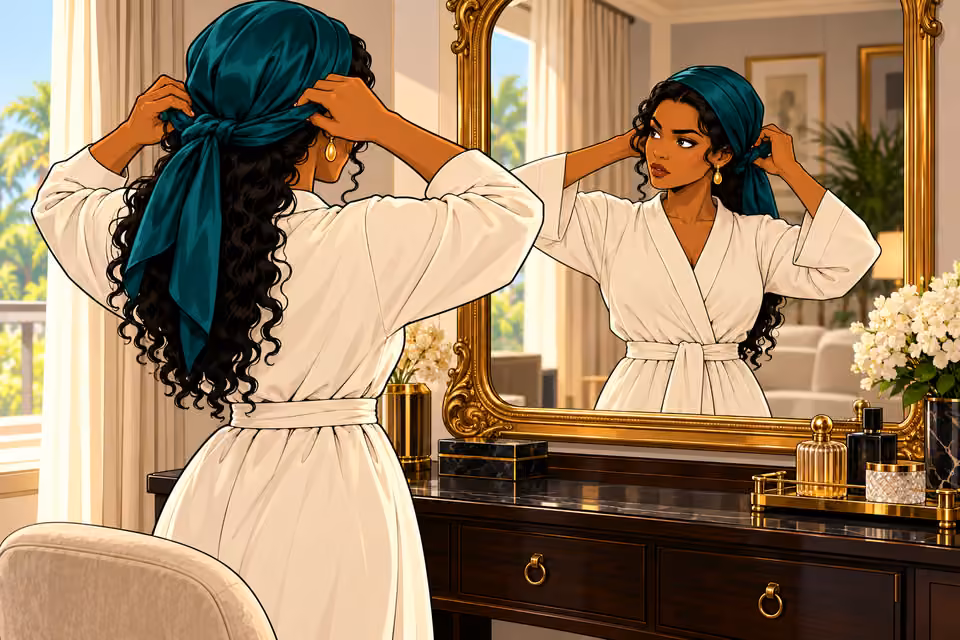 Amaka wraps a silk scarf around her hair and studies her reflection.