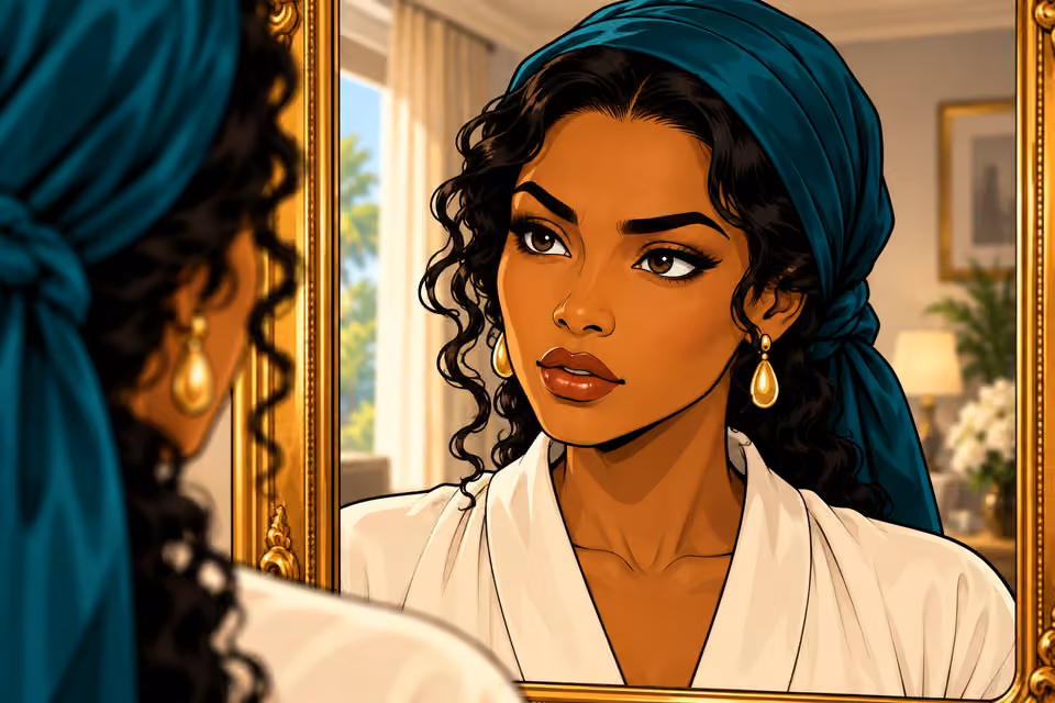 Amaka checks her composed reflection for signs of strain.