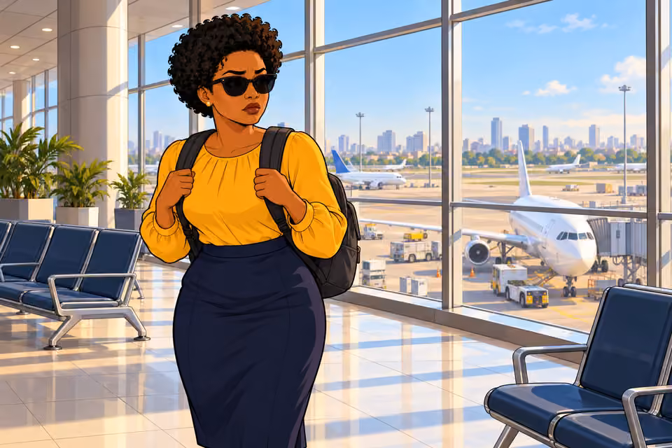 Uju reaches the airport.