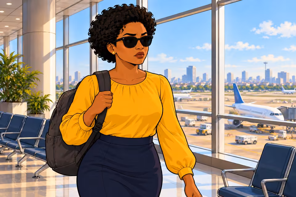 Uju travels with a backpack and sunglasses.