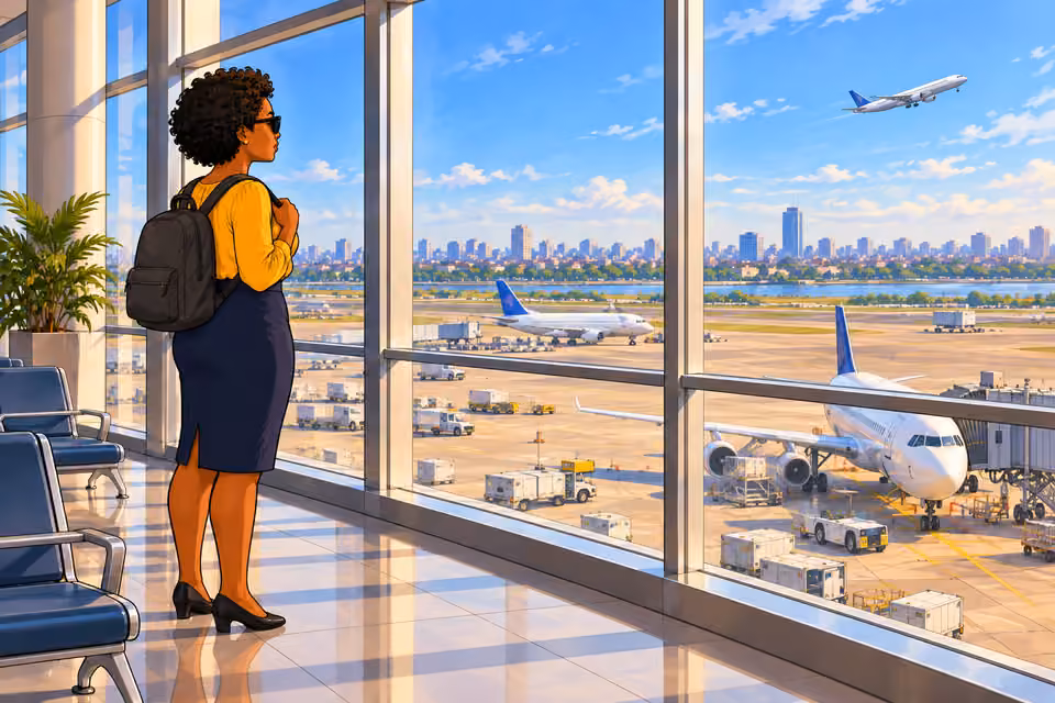 Uju watches planes through the terminal windows.