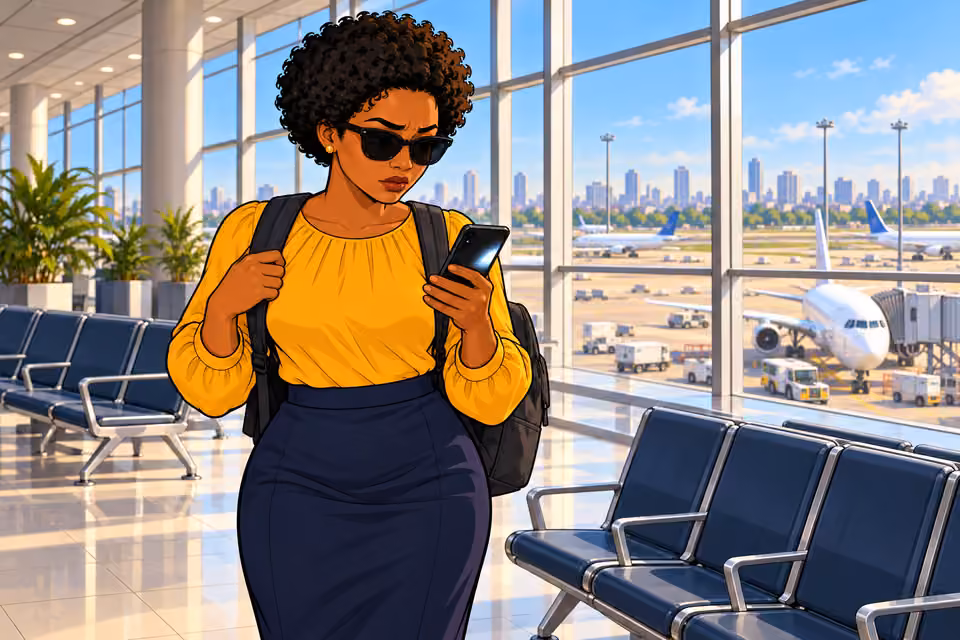A new message interrupts Uju at the airport.