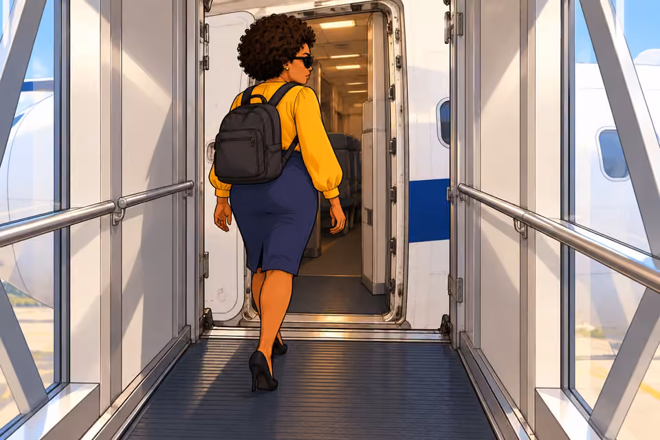 Uju boards her flight out of Lagos.