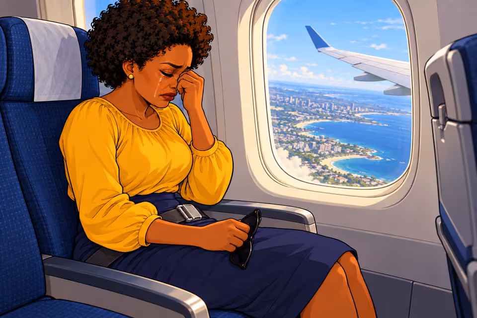 Uju cries as the aircraft leaves the ground.